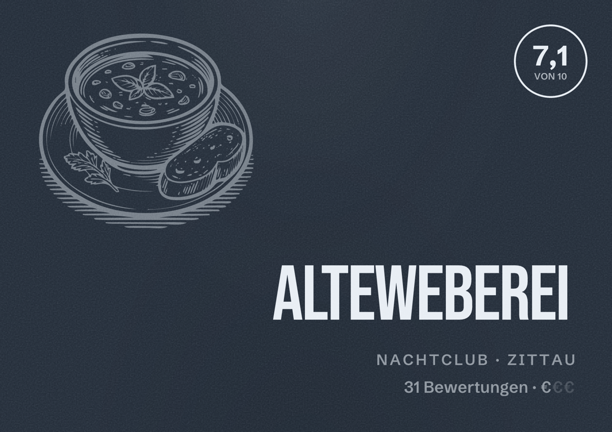 Illustriertes Poster von AlteWeberei, Nachtclub in Zittau: Bewertung 7,1 von 10 aus 31 Bewertungen, Preisniveau €