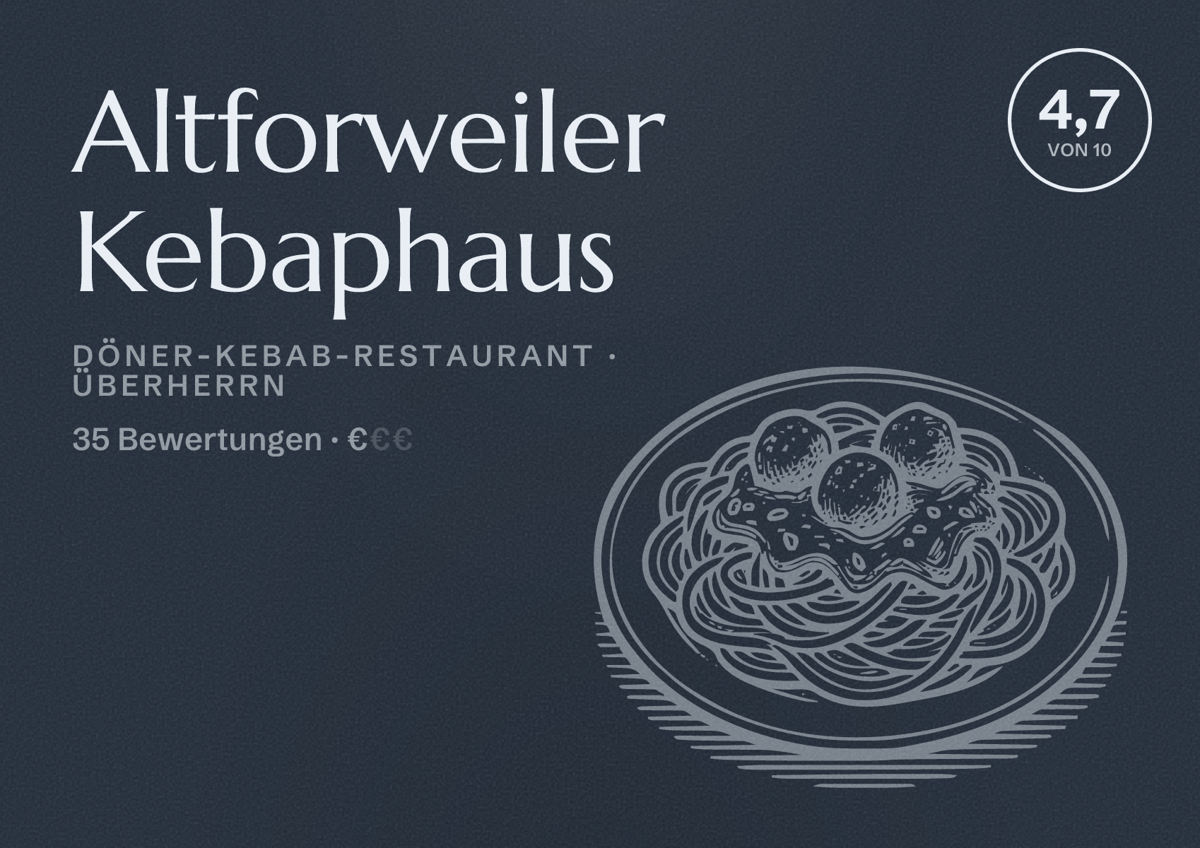Illustriertes Poster von Altforweiler Kebaphaus, Döner-Kebab-Restaurant in Überherrn: Bewertung 4,7 von 10 aus 35 Bewertungen, Preisniveau €