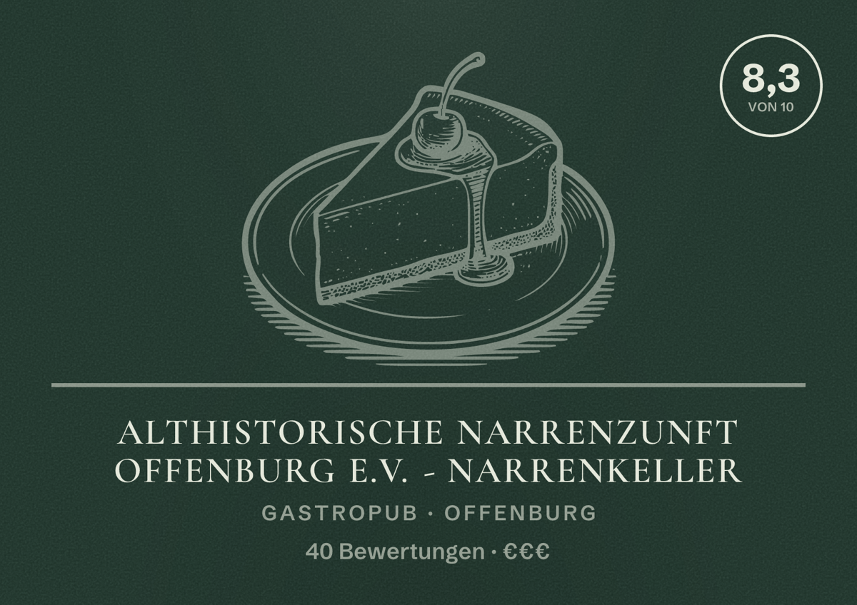 Illustriertes Poster von Althistorische Narrenzunft Offenburg e.V. - Narrenkeller, Gastropub in Offenburg: Bewertung 8,3 von 10 aus 40 Bewertungen, Preisniveau €€€