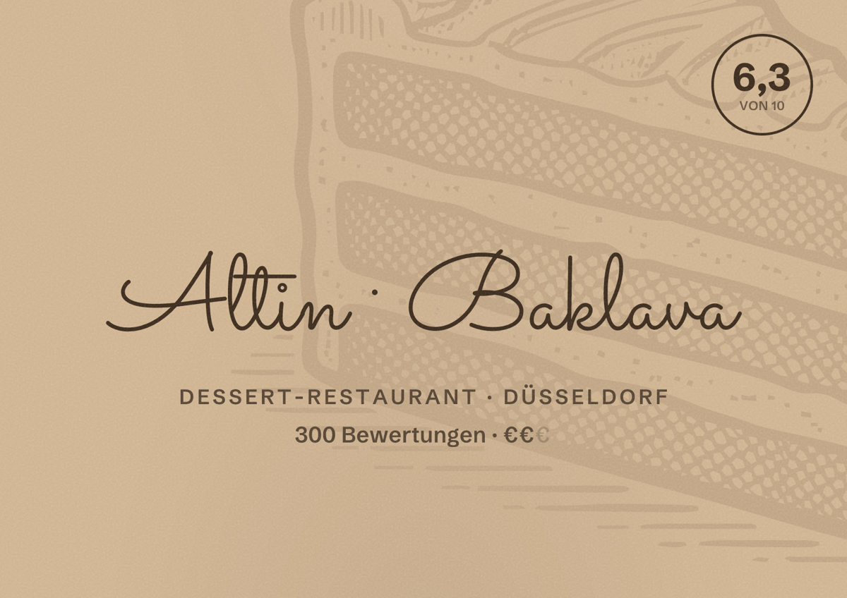 Illustriertes Poster von Altin Baklava, Dessert-Restaurant in Düsseldorf: Bewertung 6,3 von 10 aus 300 Bewertungen, Preisniveau €€