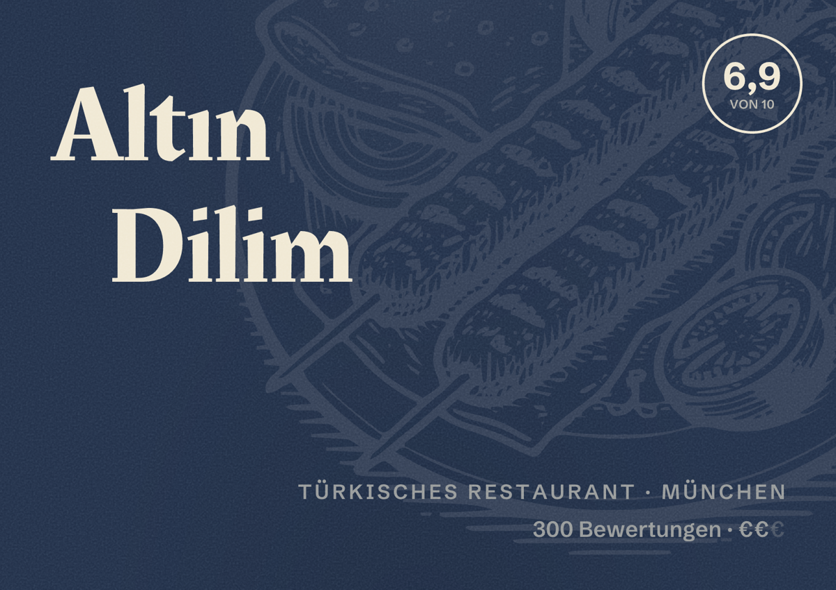 Illustriertes Poster von Altın Dilim, Türkisches Restaurant in München: Bewertung 6,9 von 10 aus 300 Bewertungen, Preisniveau €€