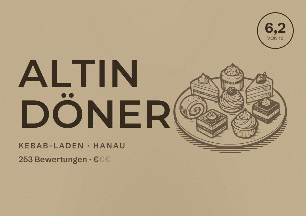 Illustriertes Poster von Altin Döner, Kebab-Laden in Hanau: Bewertung 6,2 von 10 aus 253 Bewertungen, Preisniveau €