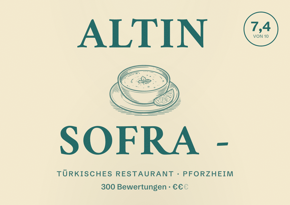 Illustriertes Poster von Altin Sofra -, Türkisches Restaurant in Pforzheim: Bewertung 7,4 von 10 aus 300 Bewertungen, Preisniveau €€