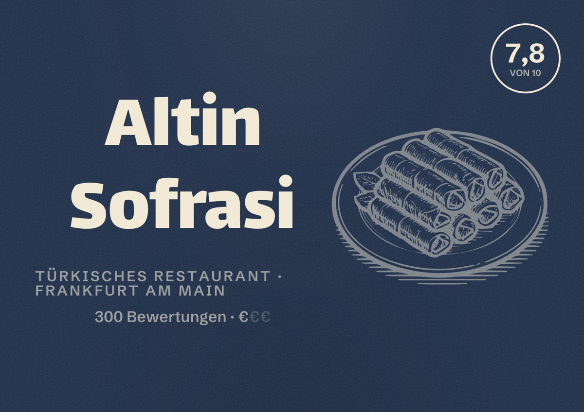 Illustriertes Poster von Altin Sofrasi, Türkisches Restaurant in Frankfurt am Main: Bewertung 7,8 von 10 aus 300 Bewertungen, Preisniveau €