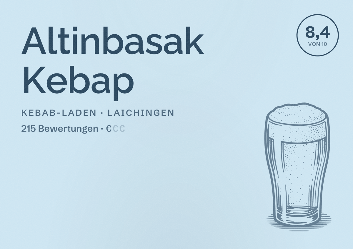 Illustriertes Poster von Altinbasak Kebap, Kebab-Laden in Laichingen: Bewertung 8,4 von 10 aus 215 Bewertungen, Preisniveau €