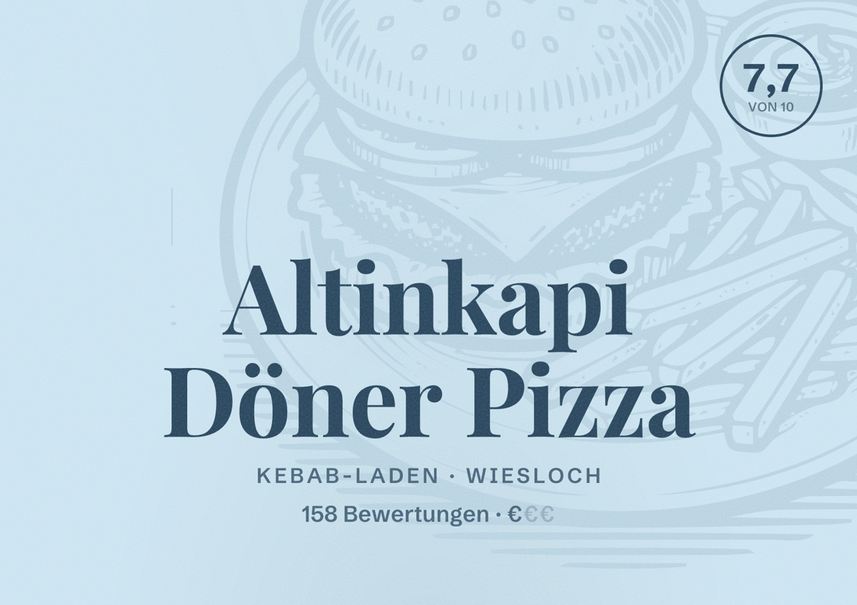 Illustriertes Poster von Altinkapi Döner Pizza, Kebab-Laden in Wiesloch: Bewertung 7,7 von 10 aus 158 Bewertungen, Preisniveau €