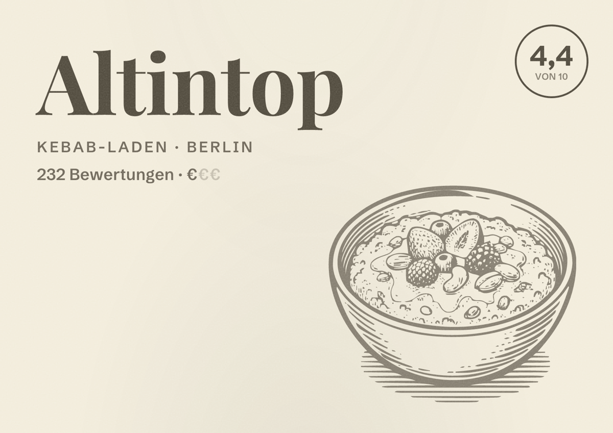 Illustriertes Poster von Altintop, Kebab-Laden in Berlin: Bewertung 4,4 von 10 aus 232 Bewertungen, Preisniveau €