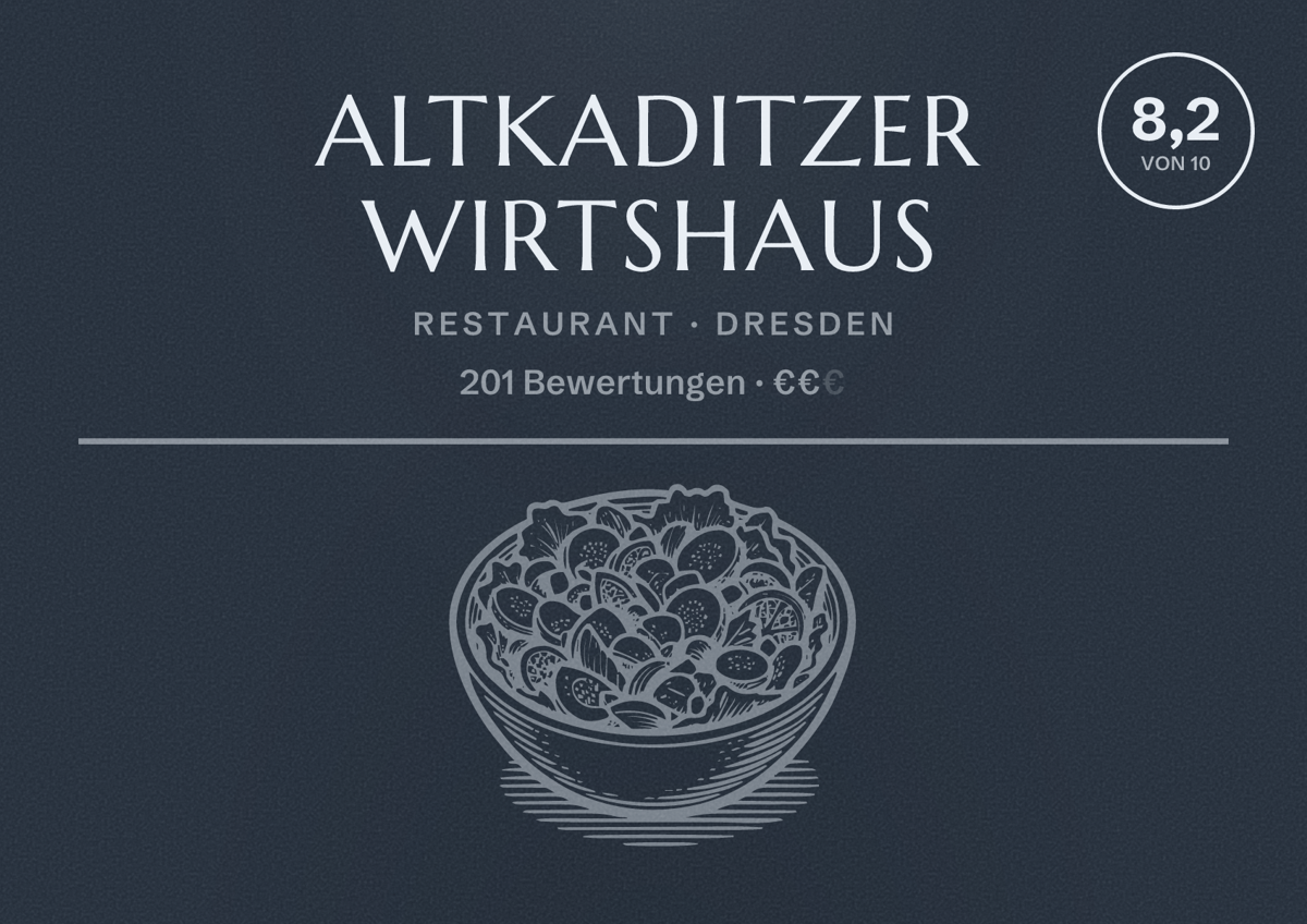 Illustriertes Poster von Altkaditzer Wirtshaus, Restaurant in Dresden: Bewertung 8,2 von 10 aus 201 Bewertungen, Preisniveau €€