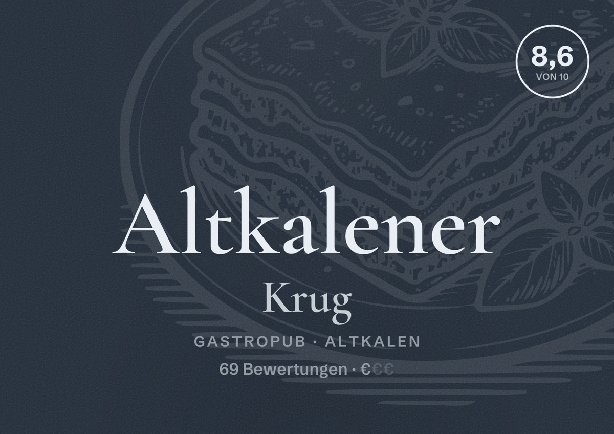 Illustriertes Poster von Altkalener Krug, Gastropub in Altkalen: Bewertung 8,6 von 10 aus 69 Bewertungen, Preisniveau €
