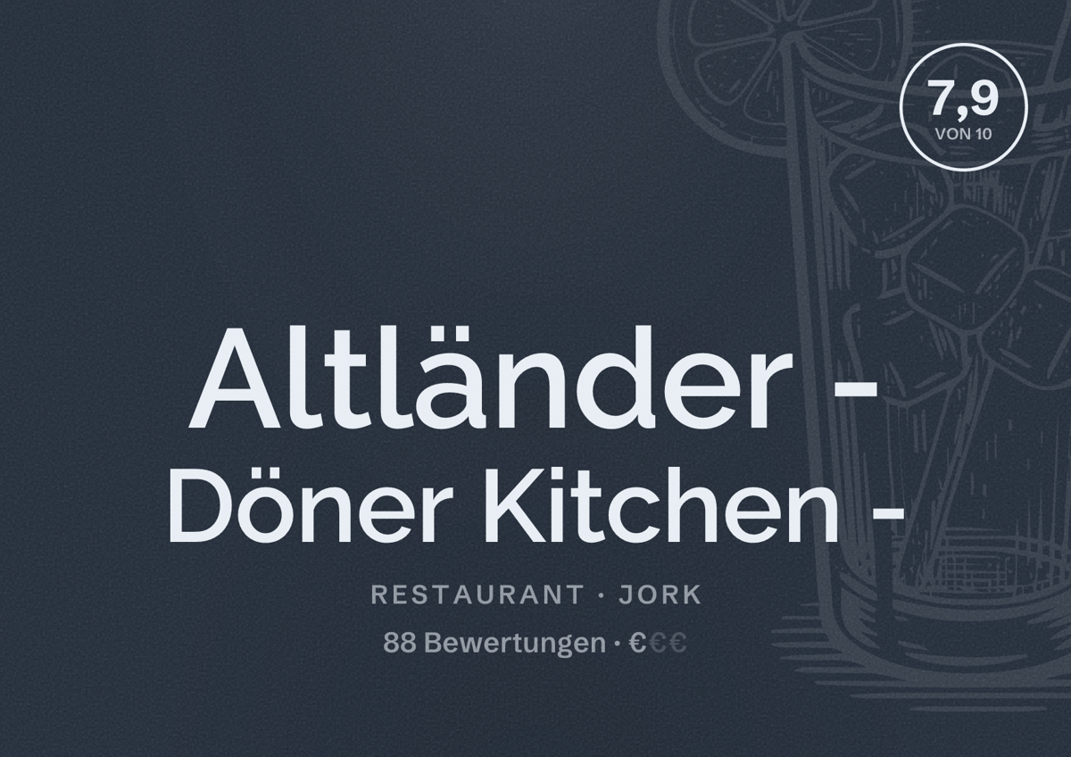 Illustriertes Poster von Altländer - Döner Kitchen -, Restaurant in Jork: Bewertung 7,9 von 10 aus 88 Bewertungen, Preisniveau €
