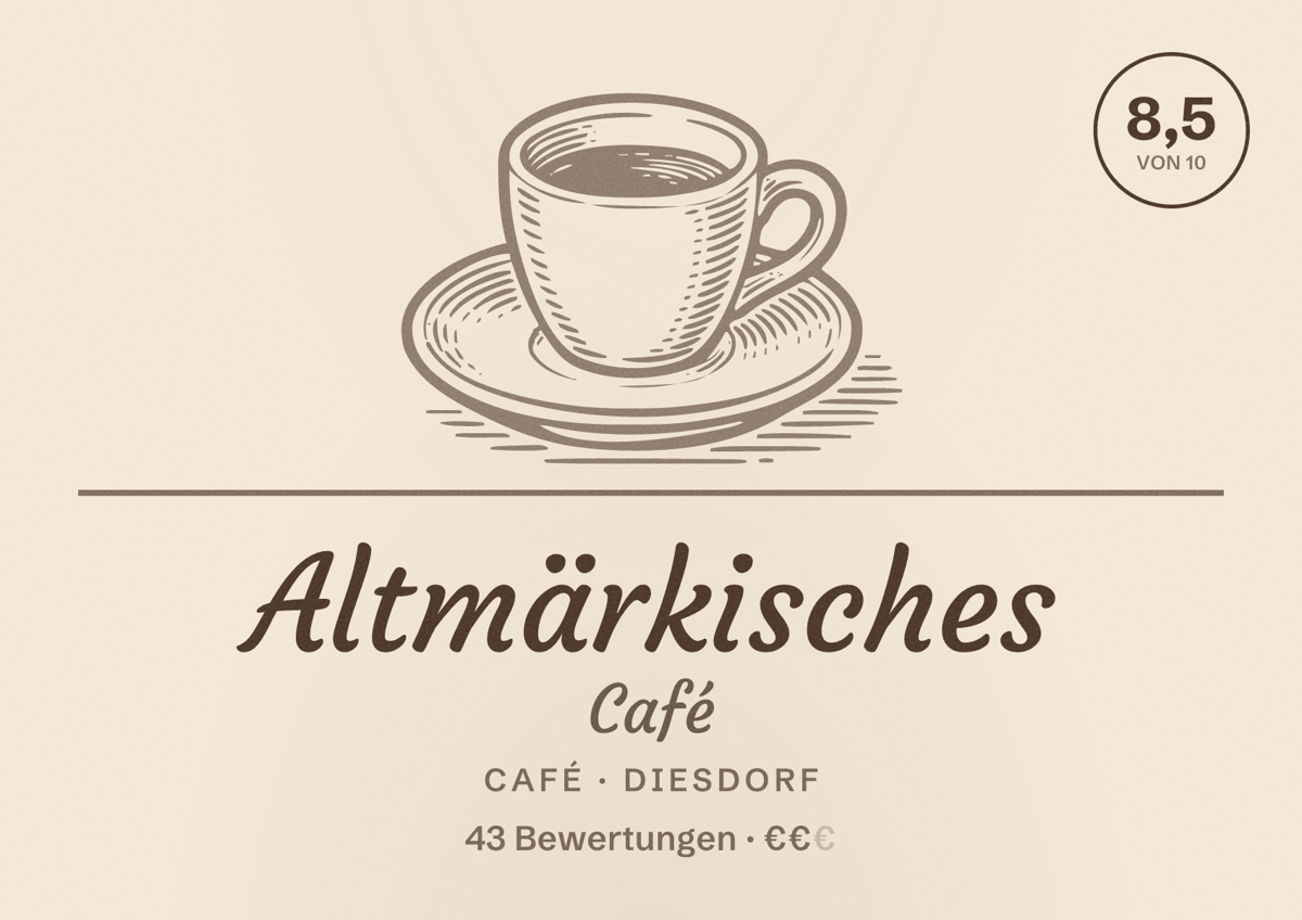 Illustriertes Poster von Altmärkisches Café, Café in Diesdorf: Bewertung 8,5 von 10 aus 43 Bewertungen, Preisniveau €€