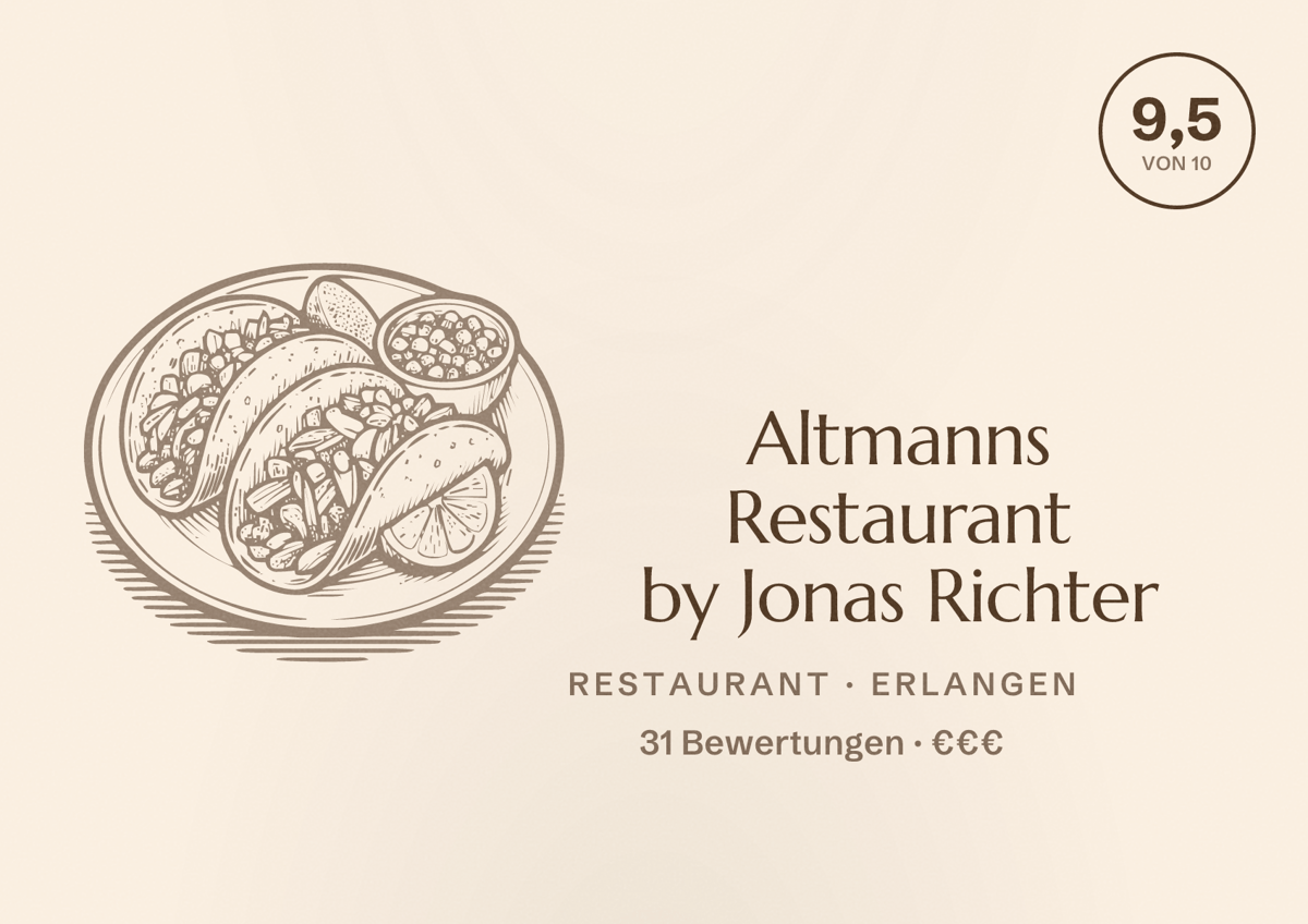 Illustriertes Poster von Altmanns Restaurant by Jonas Richter, Restaurant in Erlangen: Bewertung 9,5 von 10 aus 31 Bewertungen, Preisniveau €€€