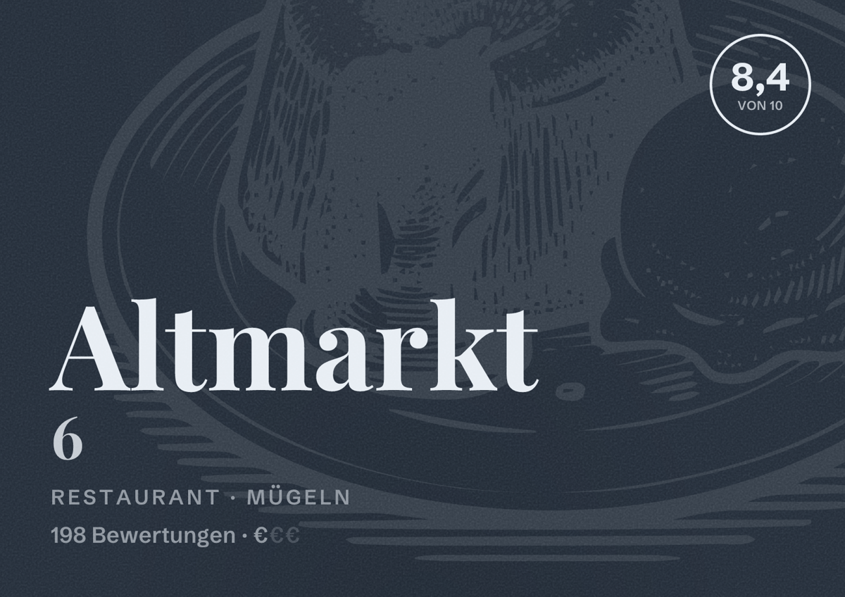 Illustriertes Poster von Altmarkt 6, Restaurant in Mügeln: Bewertung 8,4 von 10 aus 198 Bewertungen, Preisniveau €
