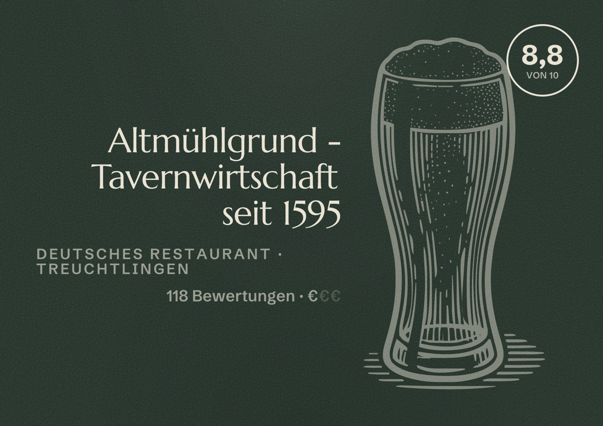 Illustriertes Poster von Altmühlgrund - Tavernwirtschaft seit 1595, Deutsches Restaurant in Treuchtlingen: Bewertung 8,8 von 10 aus 118 Bewertungen, Preisniveau €
