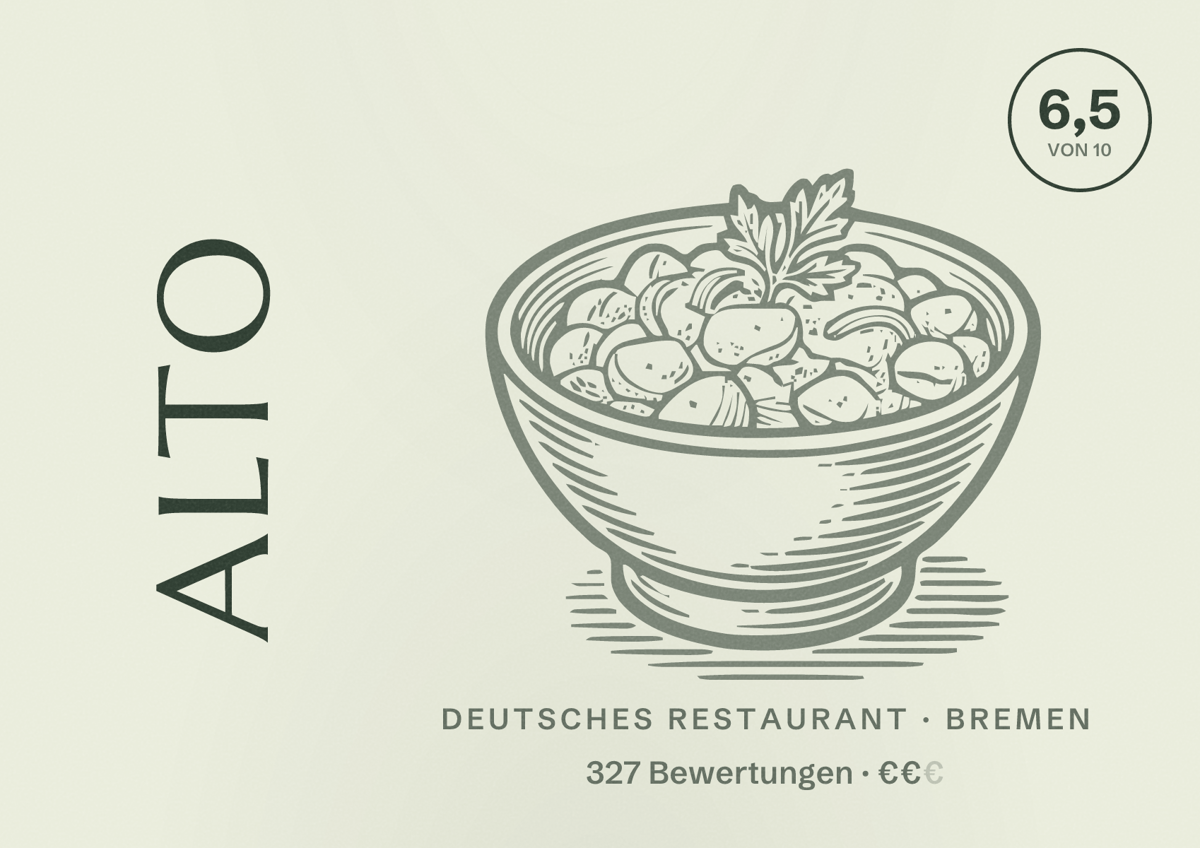 Illustriertes Poster von alto, Deutsches Restaurant in Bremen: Bewertung 6,5 von 10 aus 327 Bewertungen, Preisniveau €€