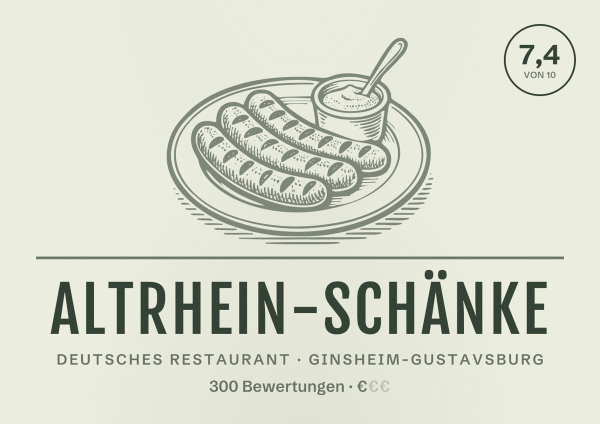 Illustriertes Poster von Altrhein-Schänke, Deutsches Restaurant in Ginsheim-Gustavsburg: Bewertung 7,4 von 10 aus 300 Bewertungen, Preisniveau €