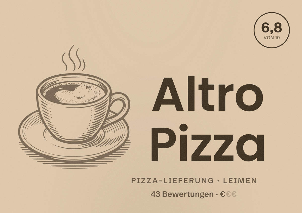 Illustriertes Poster von Altro Pizza, Pizza-Lieferung in Leimen: Bewertung 6,8 von 10 aus 43 Bewertungen, Preisniveau €