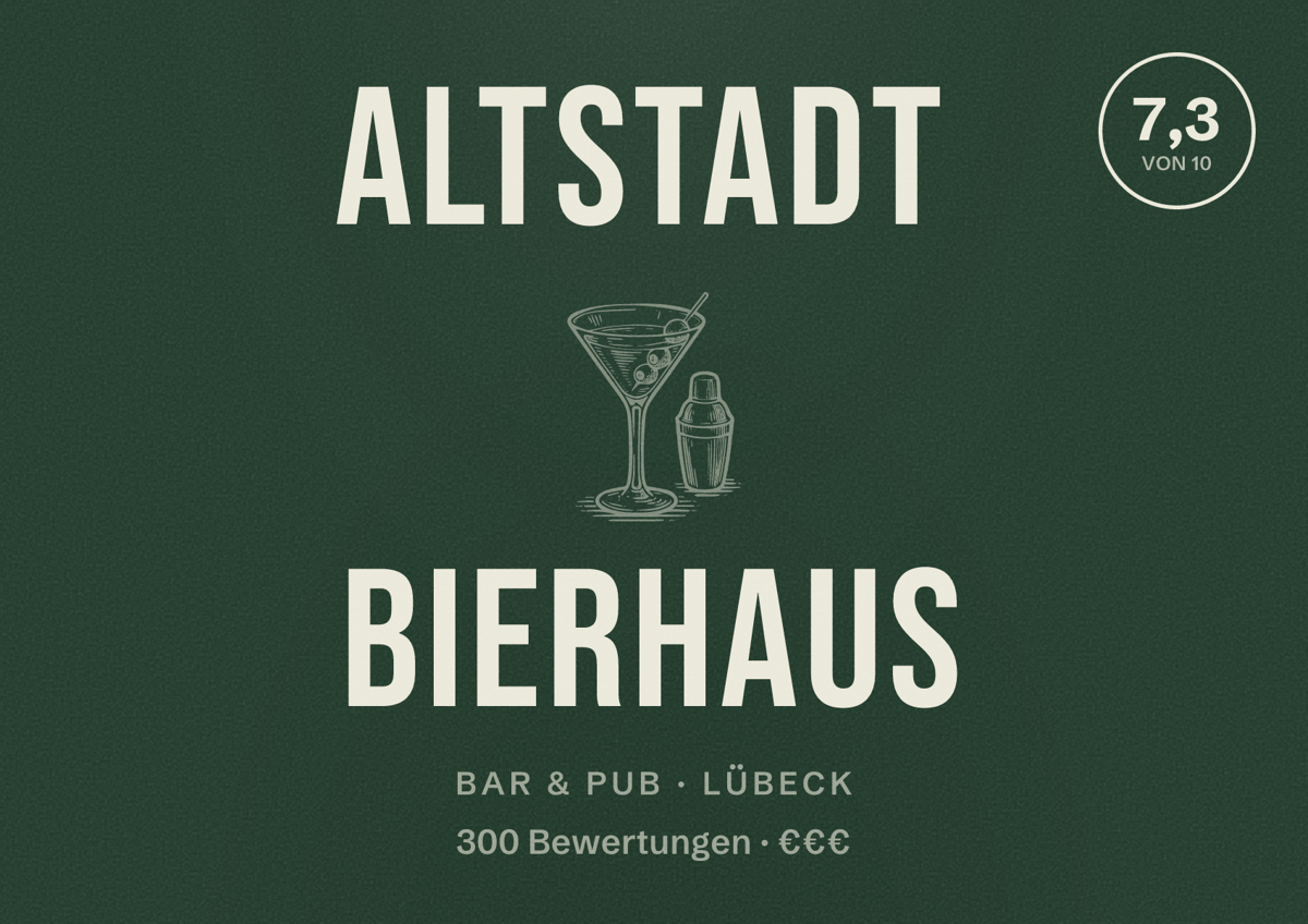 Illustriertes Poster von Altstadt Bierhaus, Bar & Pub in Lübeck: Bewertung 7,3 von 10 aus 300 Bewertungen, Preisniveau €€€