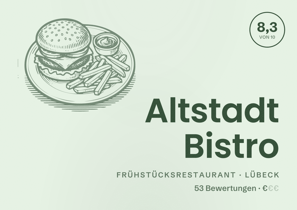 Illustriertes Poster von Altstadt Bistro, Frühstücksrestaurant in Lübeck: Bewertung 8,3 von 10 aus 53 Bewertungen, Preisniveau €