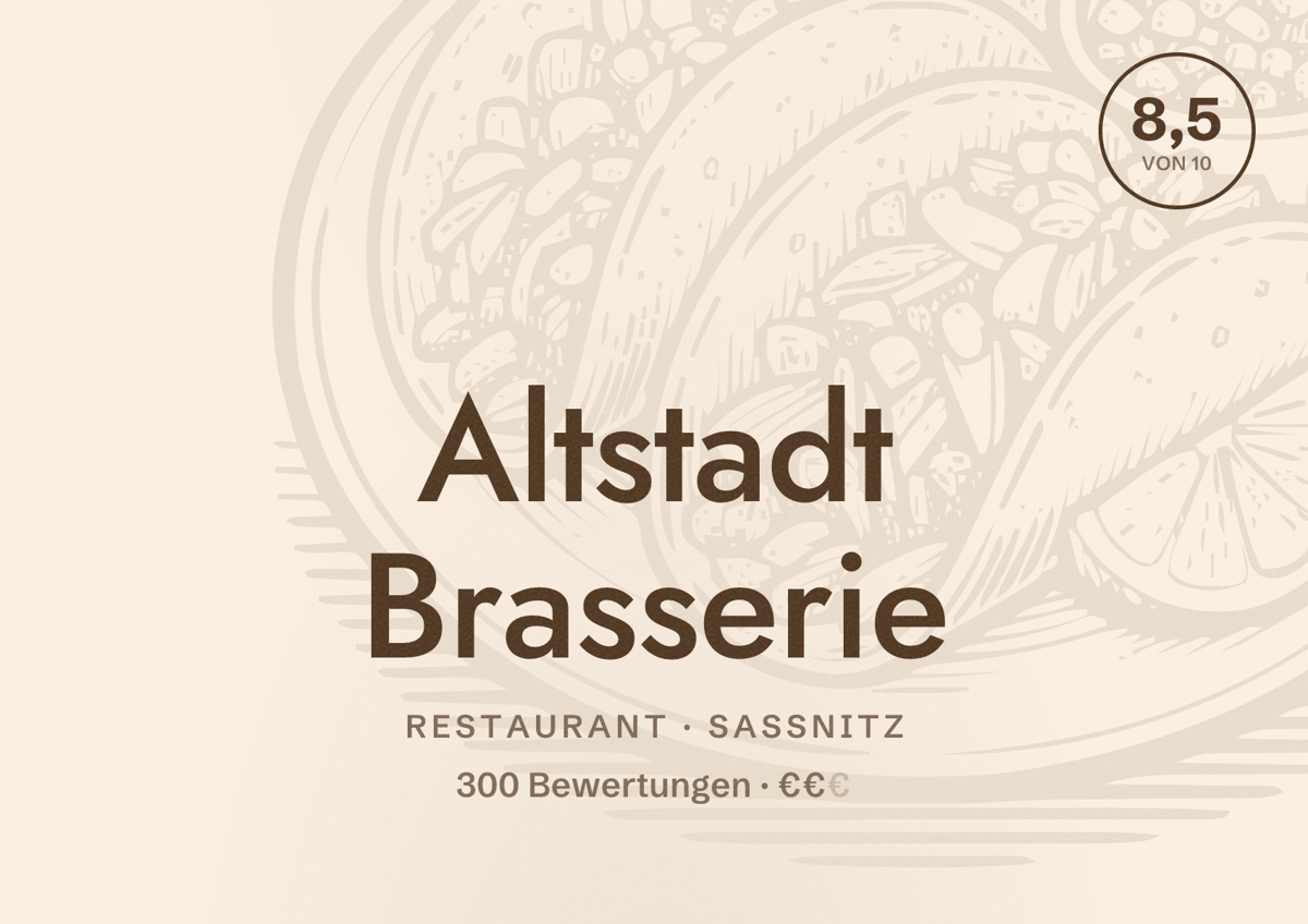 Illustriertes Poster von Altstadt Brasserie, Restaurant in Sassnitz: Bewertung 8,5 von 10 aus 300 Bewertungen, Preisniveau €€
