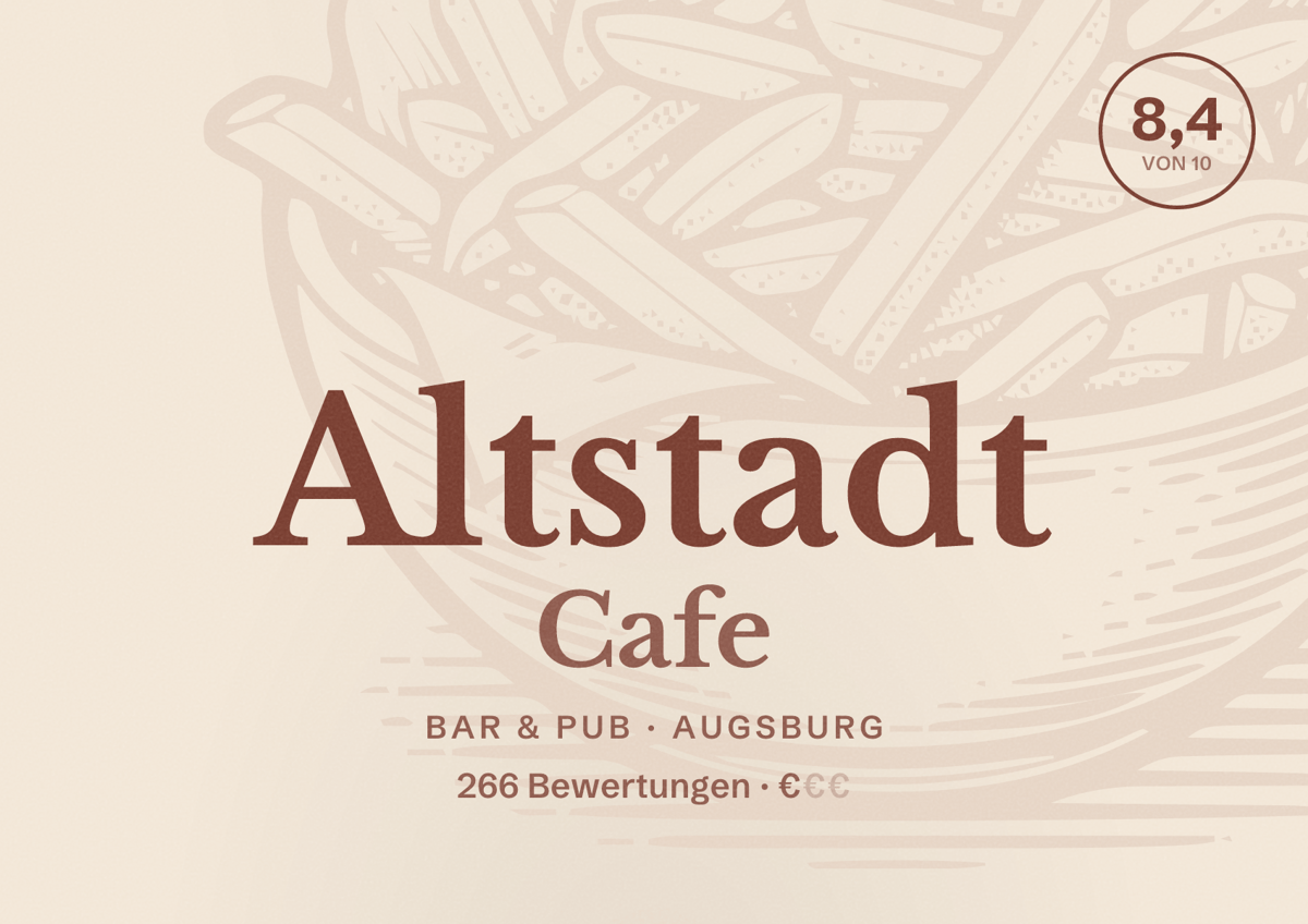 Illustriertes Poster von Altstadt Cafe, Bar & Pub in Augsburg: Bewertung 8,4 von 10 aus 266 Bewertungen, Preisniveau €