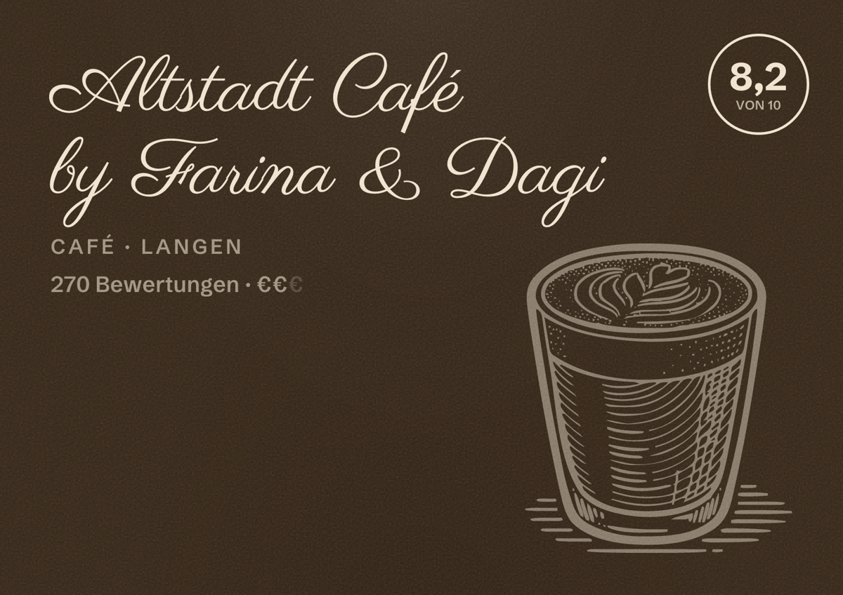 Illustriertes Poster von Altstadt Café by Farina & Dagi, Café in Langen: Bewertung 8,2 von 10 aus 270 Bewertungen, Preisniveau €€