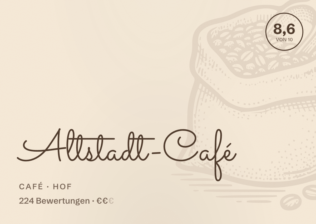 Illustriertes Poster von Altstadt-Café, Café in Hof: Bewertung 8,6 von 10 aus 224 Bewertungen, Preisniveau €€