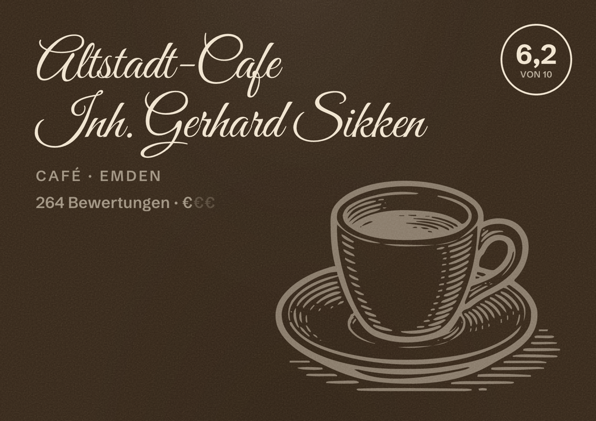 Illustriertes Poster von Altstadt-Cafe Inh. Gerhard Sikken, Café in Emden: Bewertung 6,2 von 10 aus 264 Bewertungen, Preisniveau €