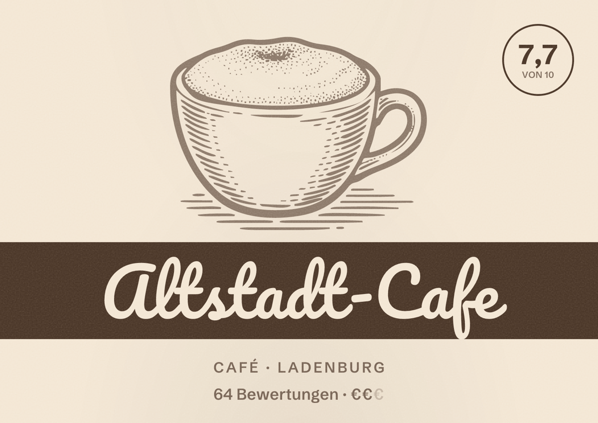 Illustriertes Poster von Altstadt-Cafe, Café in Ladenburg: Bewertung 7,7 von 10 aus 64 Bewertungen, Preisniveau €€