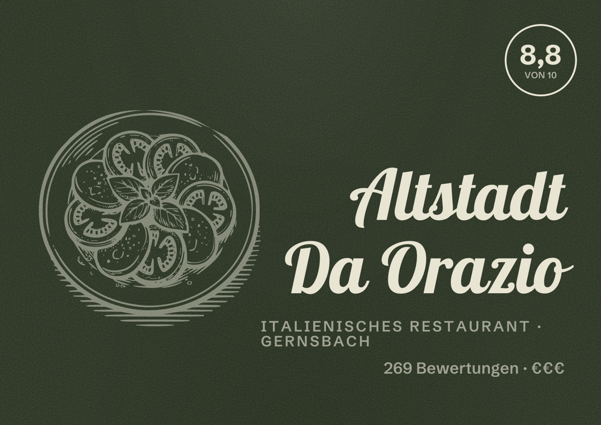 Illustriertes Poster von Altstadt Da Orazio, Italienisches Restaurant in Gernsbach: Bewertung 8,8 von 10 aus 269 Bewertungen, Preisniveau €€€