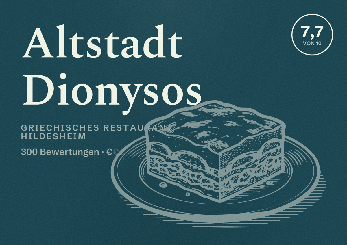 Illustriertes Poster von Altstadt Dionysos, Griechisches Restaurant in Hildesheim: Bewertung 7,7 von 10 aus 300 Bewertungen, Preisniveau €