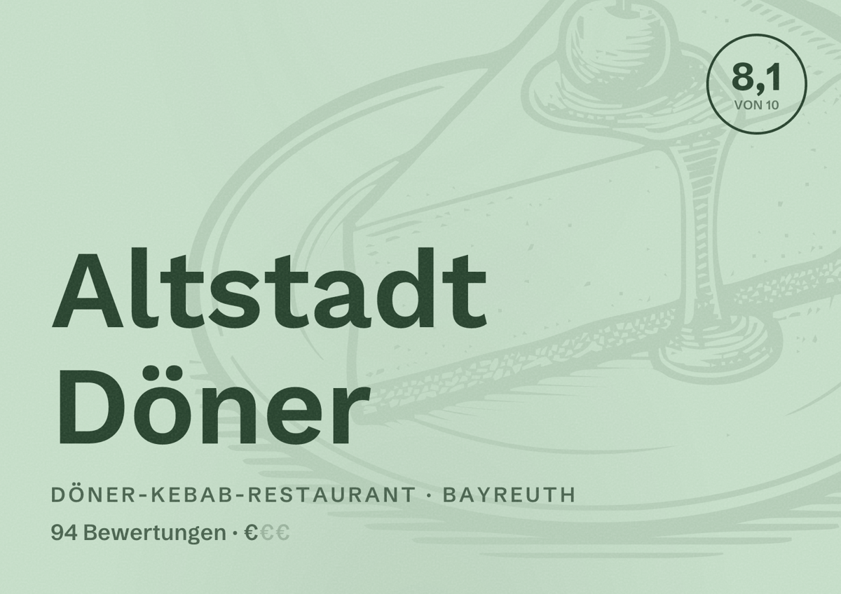 Illustriertes Poster von Altstadt Döner, Döner-Kebab-Restaurant in Bayreuth: Bewertung 8,1 von 10 aus 94 Bewertungen, Preisniveau €