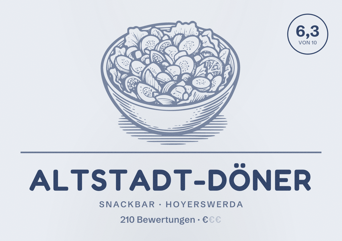 Illustriertes Poster von Altstadt-Döner, Snackbar in Hoyerswerda: Bewertung 6,3 von 10 aus 210 Bewertungen, Preisniveau €