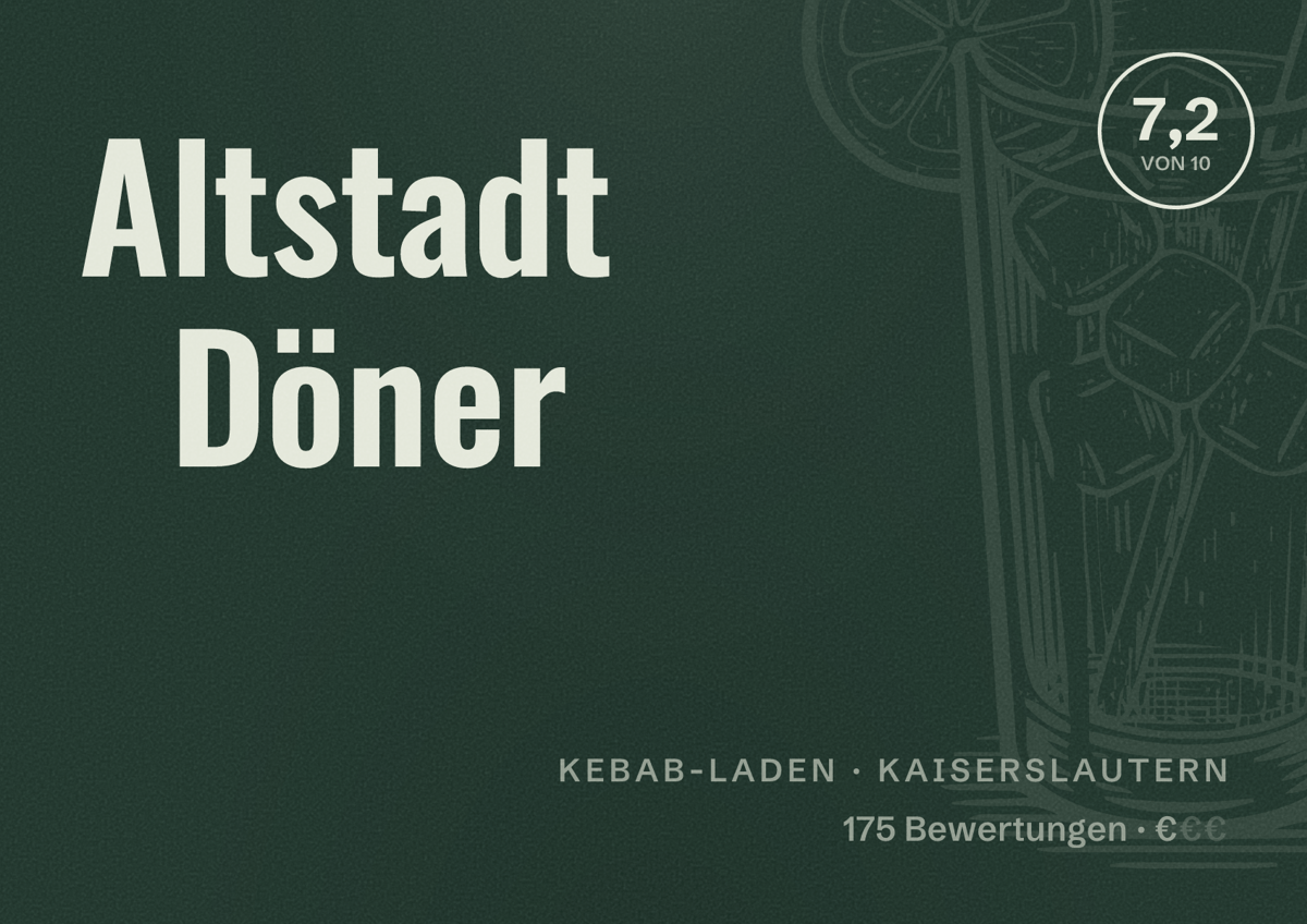 Illustriertes Poster von Altstadt Döner, Kebab-Laden in Kaiserslautern: Bewertung 7,2 von 10 aus 175 Bewertungen, Preisniveau €