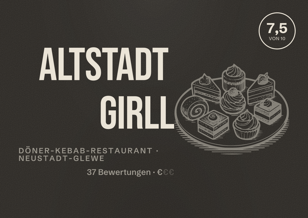 Illustriertes Poster von Altstadt Girll, Döner-Kebab-Restaurant in Neustadt-Glewe: Bewertung 7,5 von 10 aus 37 Bewertungen, Preisniveau €