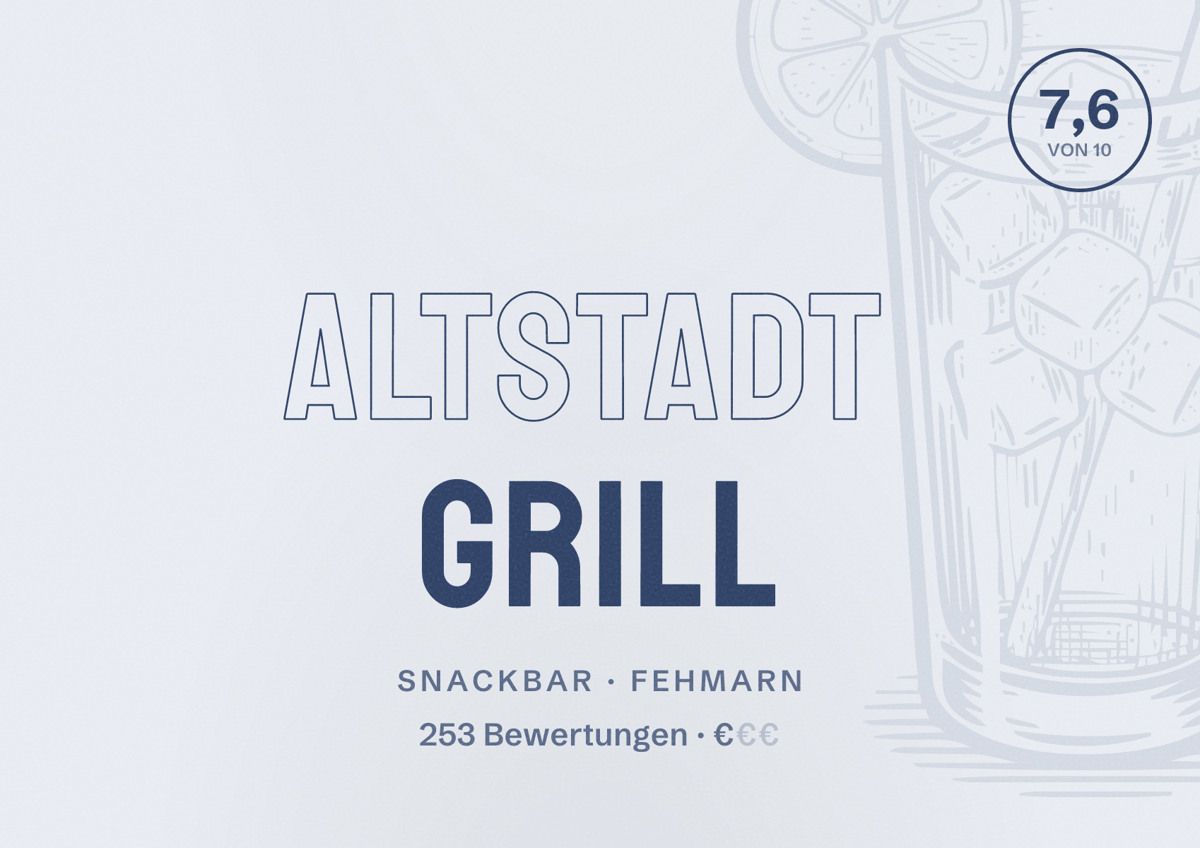 Illustriertes Poster von Altstadt Grill, Snackbar in Fehmarn: Bewertung 7,6 von 10 aus 253 Bewertungen, Preisniveau €