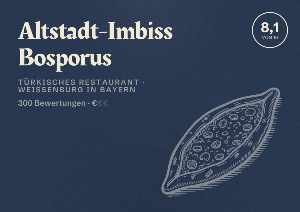 Illustriertes Poster von Altstadt-Imbiss Bosporus, Türkisches Restaurant in Weißenburg in Bayern: Bewertung 8,1 von 10 aus 300 Bewertungen, Preisniveau €