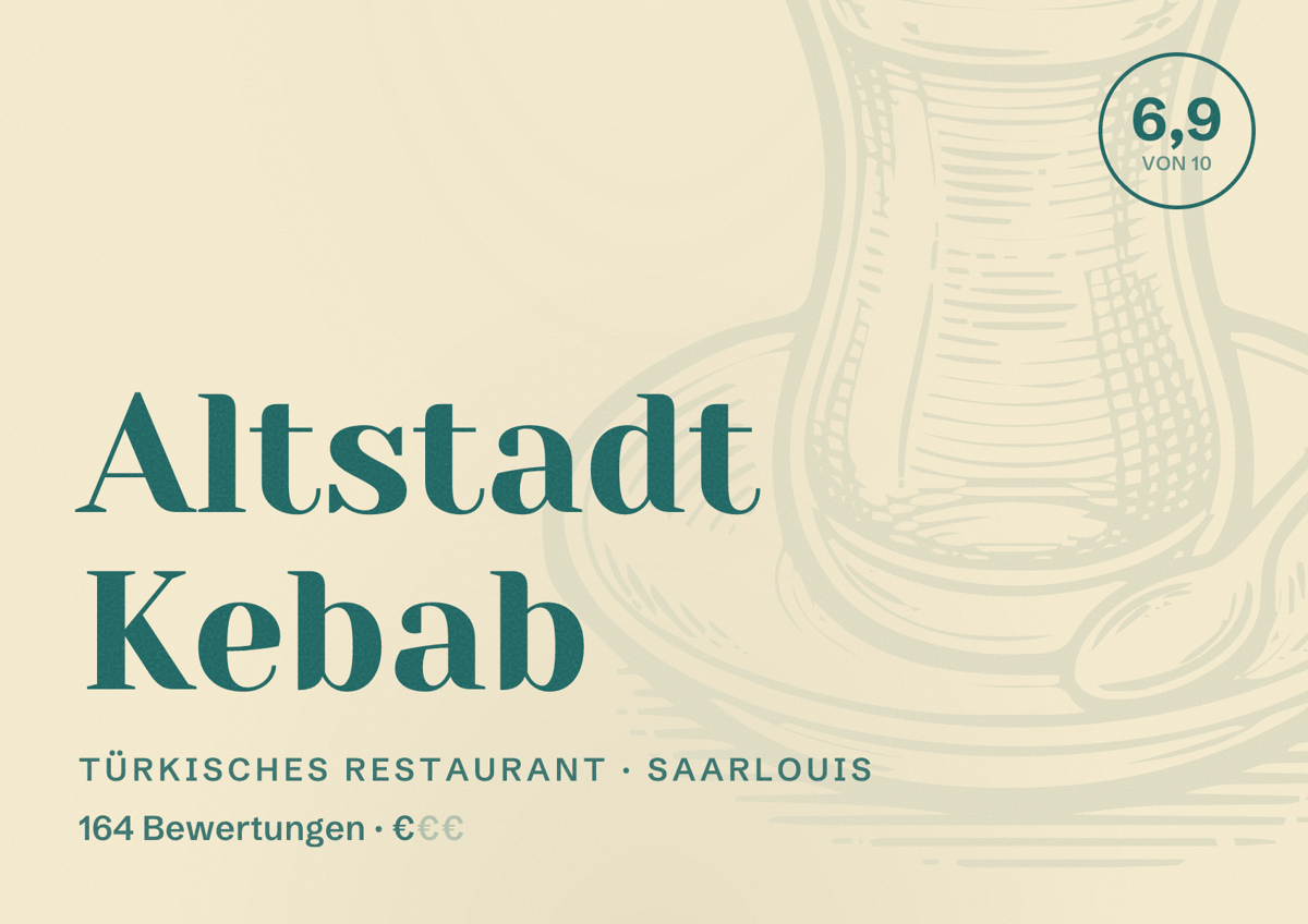 Illustriertes Poster von Altstadt Kebab, Türkisches Restaurant in Saarlouis: Bewertung 6,9 von 10 aus 164 Bewertungen, Preisniveau €