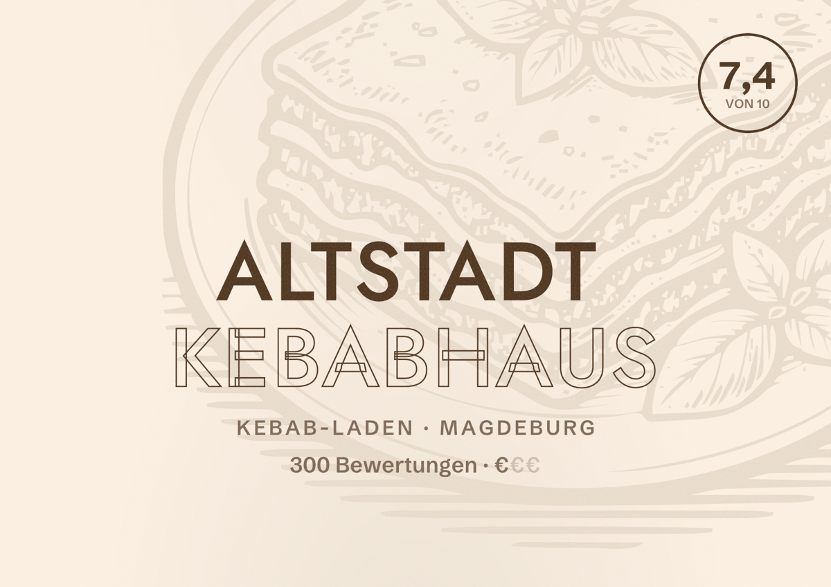 Illustriertes Poster von Altstadt kebabhaus, Kebab-Laden in Magdeburg: Bewertung 7,4 von 10 aus 300 Bewertungen, Preisniveau €