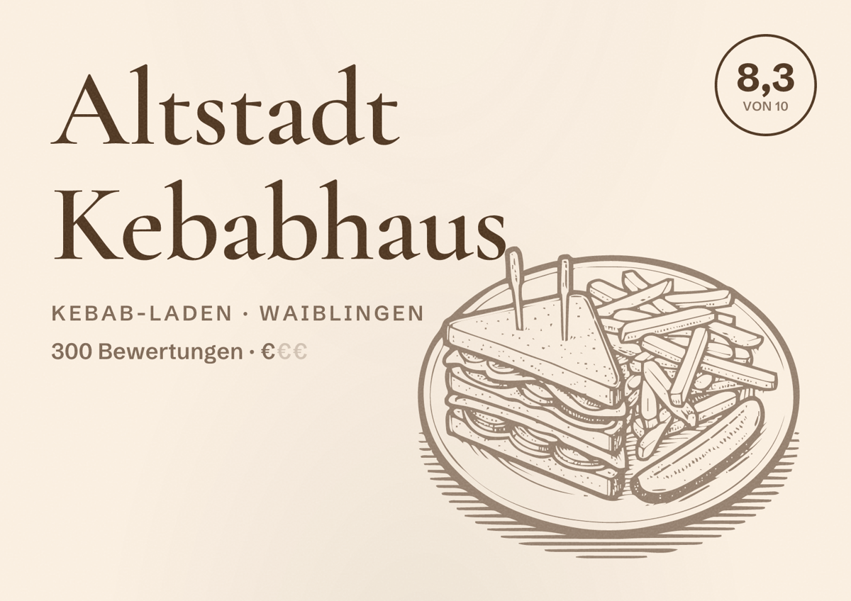 Illustriertes Poster von Altstadt Kebabhaus, Kebab-Laden in Waiblingen: Bewertung 8,3 von 10 aus 300 Bewertungen, Preisniveau €