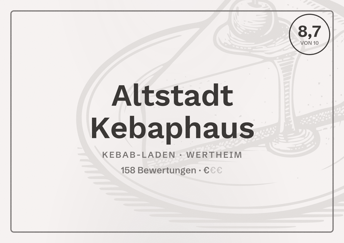 Illustriertes Poster von Altstadt Kebaphaus, Kebab-Laden in Wertheim: Bewertung 8,7 von 10 aus 158 Bewertungen, Preisniveau €