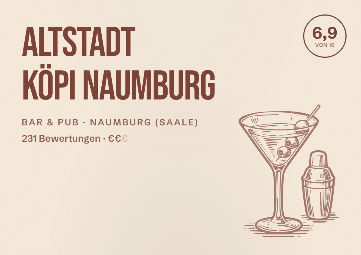 Illustriertes Poster von Altstadt Köpi Naumburg, Bar & Pub in Naumburg (Saale): Bewertung 6,9 von 10 aus 231 Bewertungen, Preisniveau €€