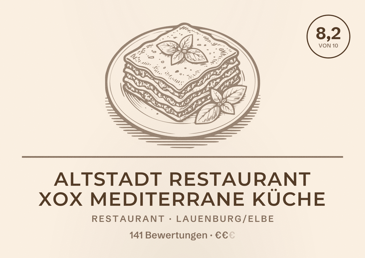 Illustriertes Poster von Altstadt Restaurant XOX mediterrane Küche, Restaurant in Lauenburg/Elbe: Bewertung 8,2 von 10 aus 141 Bewertungen, Preisniveau €€
