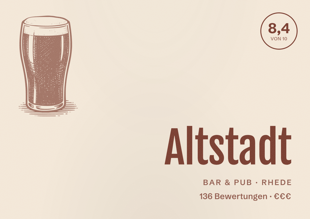 Illustriertes Poster von Altstadt, Bar & Pub in Rhede: Bewertung 8,4 von 10 aus 136 Bewertungen, Preisniveau €€€