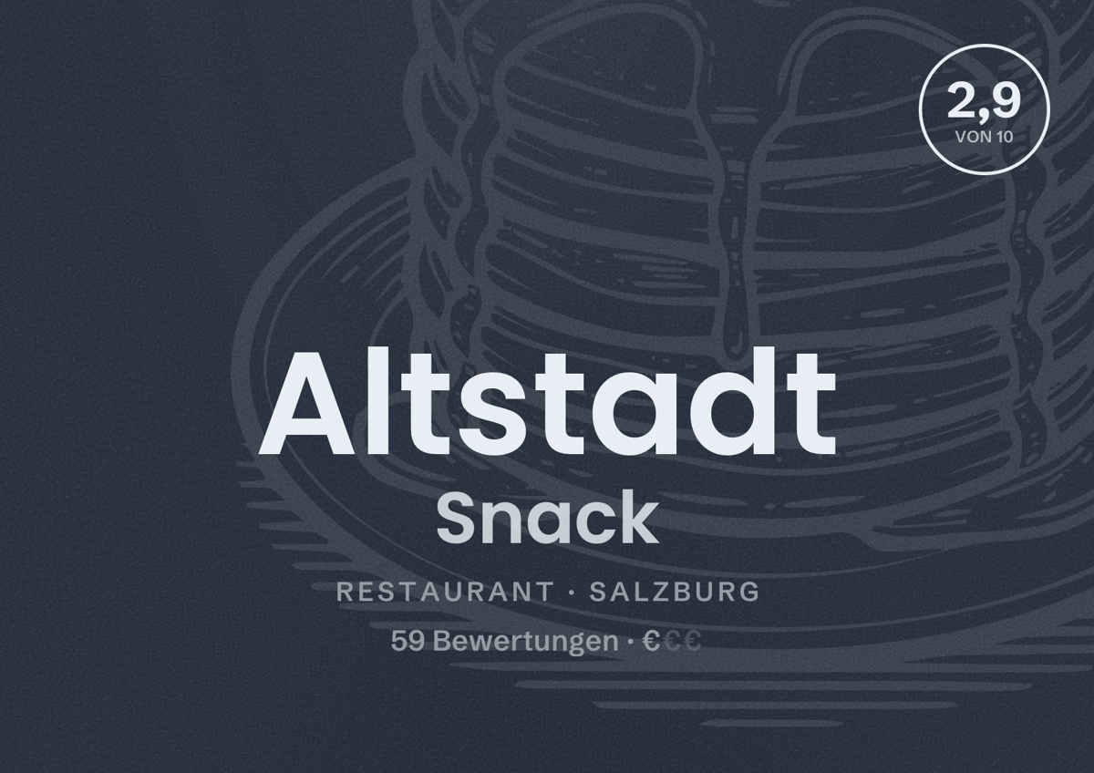 Illustriertes Poster von Altstadt Snack, Restaurant in Salzburg: Bewertung 2,9 von 10 aus 59 Bewertungen, Preisniveau €