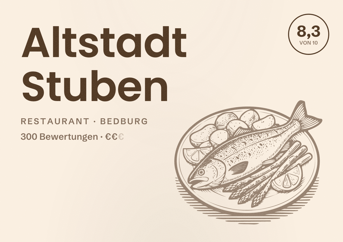 Illustriertes Poster von Altstadt Stuben, Restaurant in Bedburg: Bewertung 8,3 von 10 aus 300 Bewertungen, Preisniveau €€