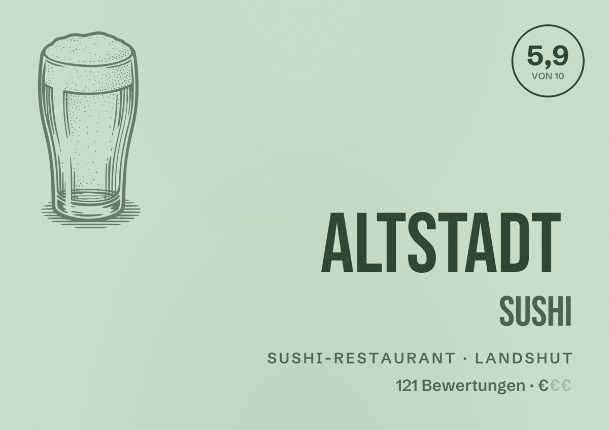 Illustriertes Poster von Altstadt Sushi, Sushi-Restaurant in Landshut: Bewertung 5,9 von 10 aus 121 Bewertungen, Preisniveau €