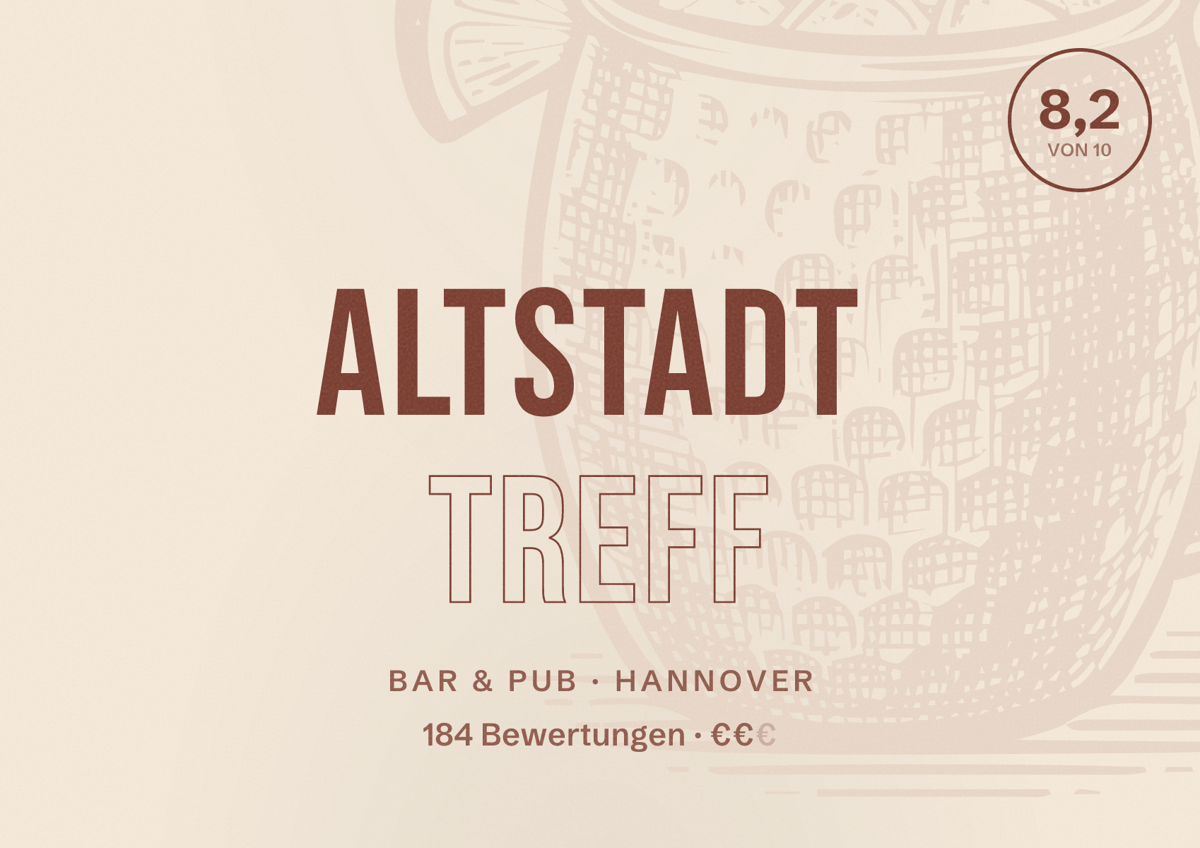 Illustriertes Poster von Altstadt Treff, Bar & Pub in Hannover: Bewertung 8,2 von 10 aus 184 Bewertungen, Preisniveau €€