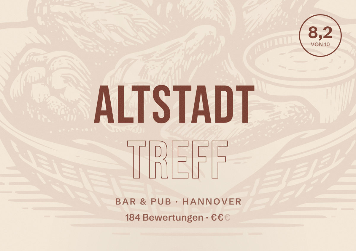 Illustriertes Poster von Altstadt Treff, Bar & Pub in Hannover: Bewertung 8,2 von 10 aus 184 Bewertungen, Preisniveau €€