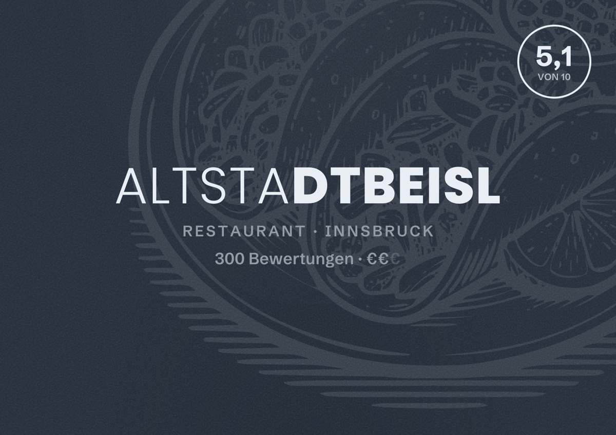 Illustriertes Poster von Altstadtbeisl, Restaurant in Innsbruck: Bewertung 5,1 von 10 aus 300 Bewertungen, Preisniveau €€